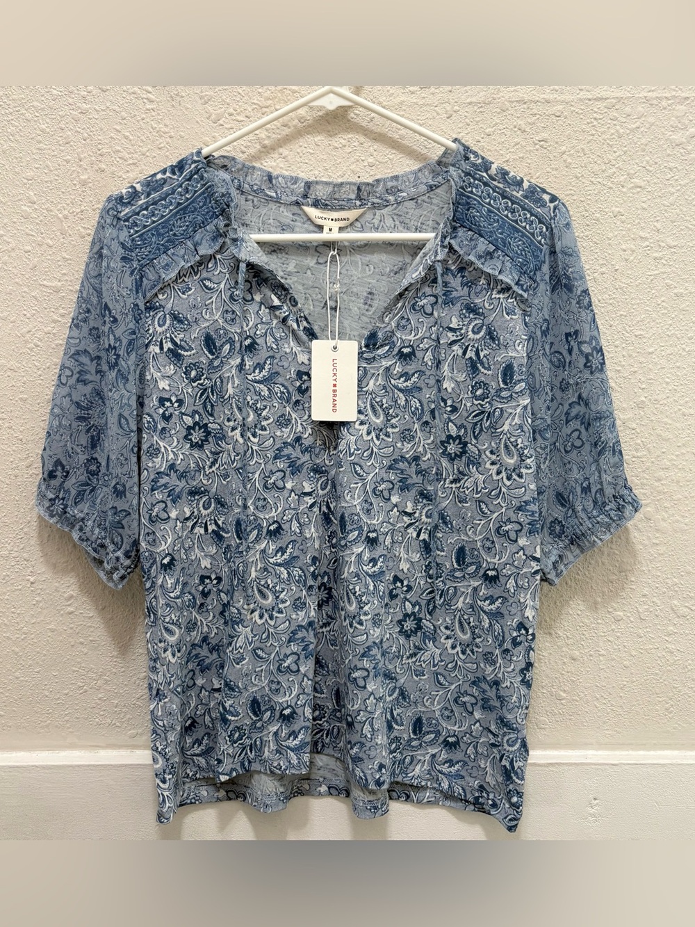 Lucky Brand Blue Paisley Floral Split Neck Blouse NWT M